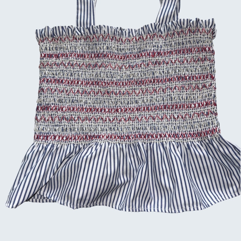 Style House Womens Blue White Striped Smocked Peplum Tank Top Tie Shoulder Large
